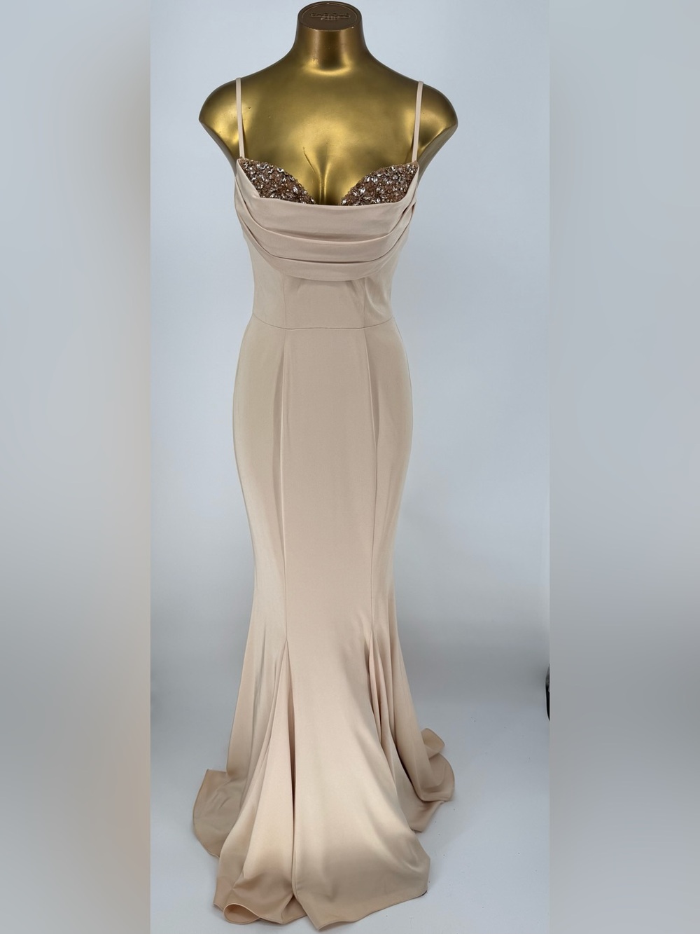 J’Adore Australia Champagne Beaded Cowl Neck Evening Gown with Train Size 4